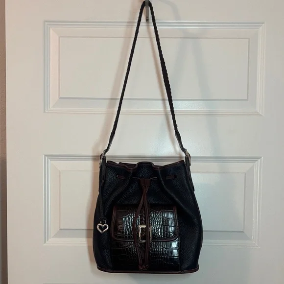 VTG Brighton Black & Brown silver Bucket Bag Crocodile print pebbled leather 90s - Picture 3 of 15